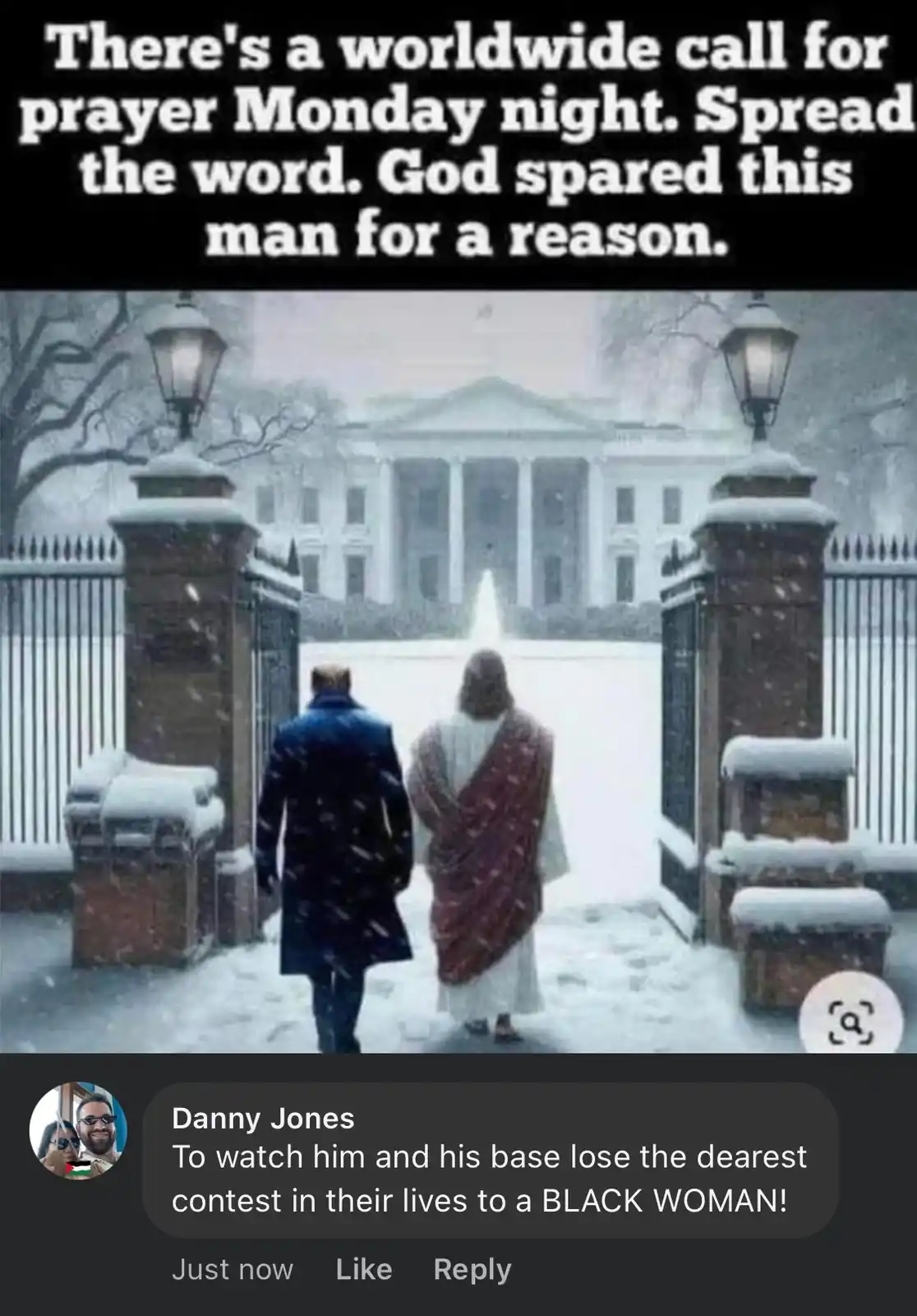 The image shows two figures walking away from the viewer toward the White House in a snowy scene, one dressed in a dark coat…
