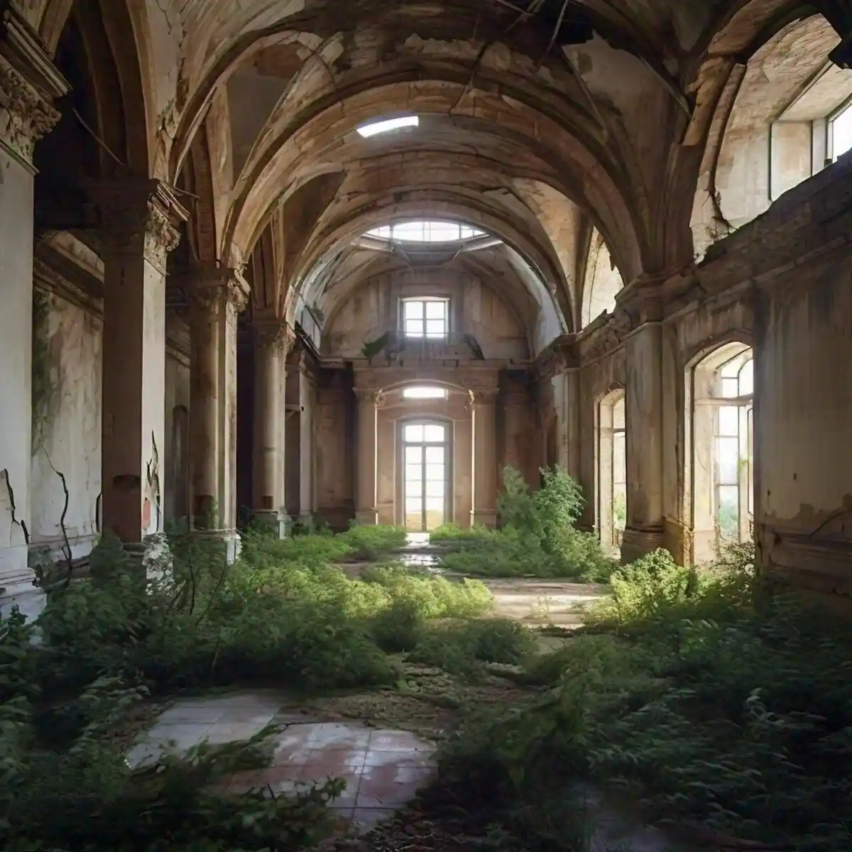 An abandoned, grand hall with crumbling arches and columns, overgrown with lush green ferns and weeds covering the floor…