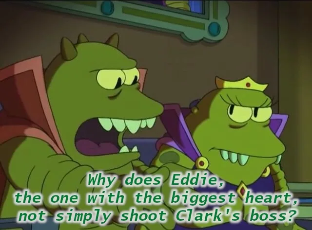 Two green cartoon monsters, one larger with a red cape and the other smaller with a crown, are shown in a room. The larger…