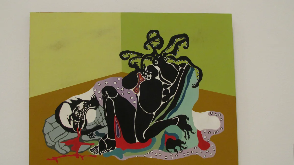 A stylized, abstract painting depicts a black, humanoid figure with tentacle-like appendages and a red, dripping mouth…