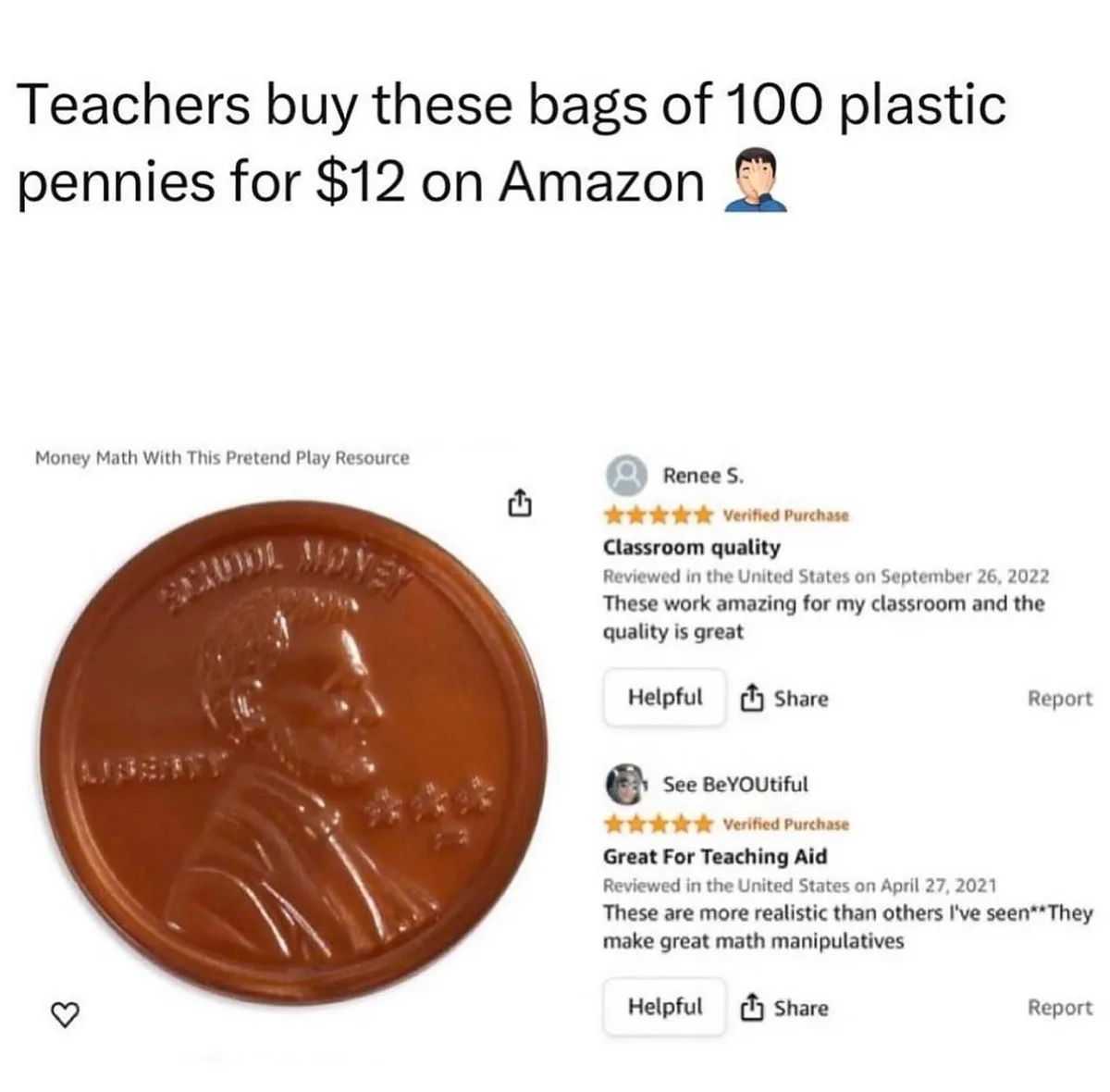 An Amazon product page screenshot showing a plastic penny labeled 'SCHOOL MONEY' with two five-star customer reviews…