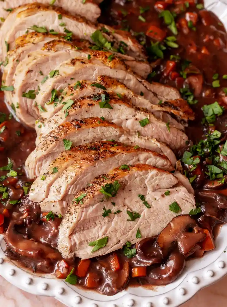 A close-up photo of a white plate holding sliced cooked pork tenderloin, garnished with chopped parsley, resting in a rich…