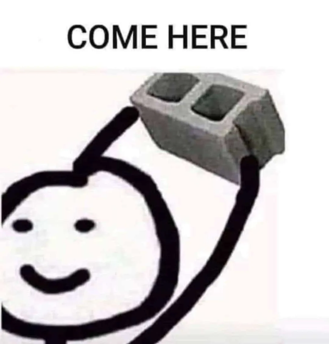 A simple stick figure with a smiling face holds up a concrete cinder block as if inviting someone to come closer. The text…