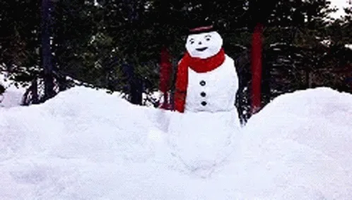 A snowman wearing a red scarf and black top hat stands in a snowy landscape, initially smiling as it throws a snowball. In…