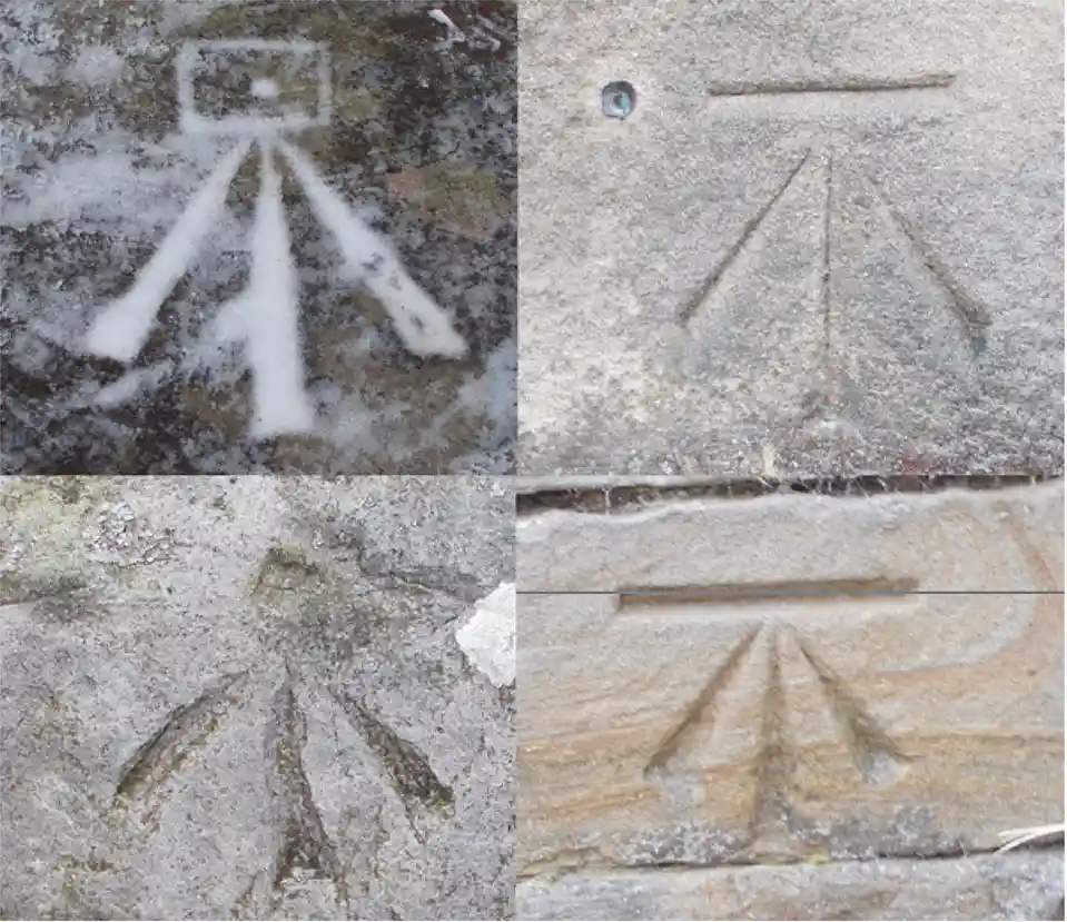 Four images show the Chinese character '木' (mu, meaning 'wood' or 'tree') carved or etched into different stone surfaces…