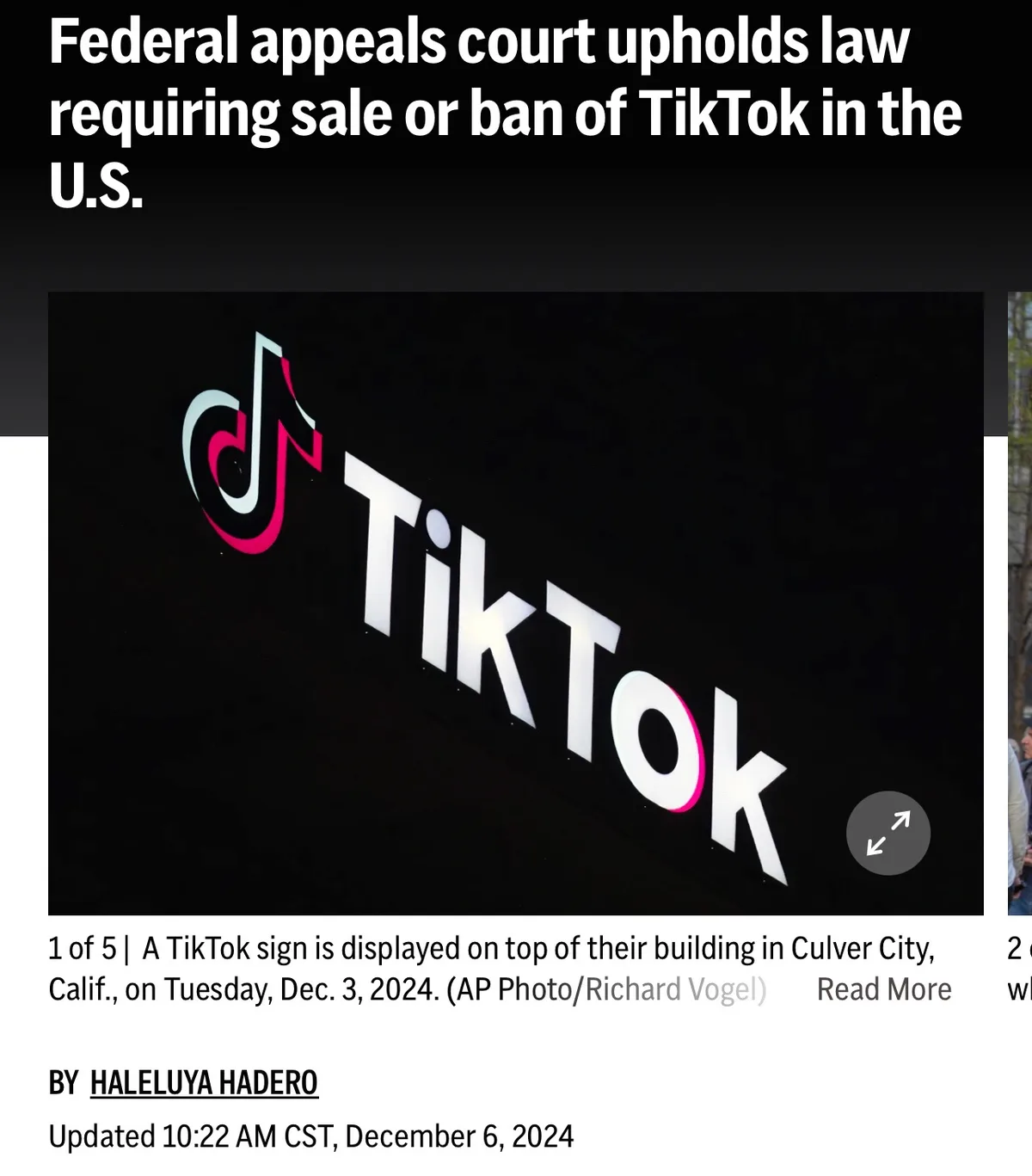 A news article screenshot shows a large, illuminated TikTok logo sign on a building at night. The headline text overlaid at…