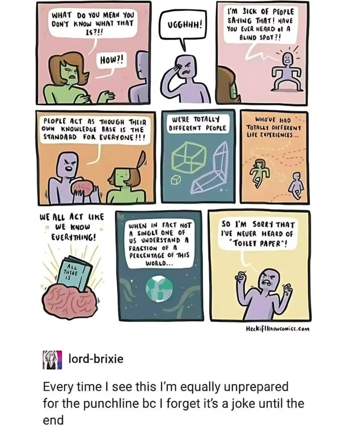 A comic strip with two cartoon characters discussing how people assume everyone shares their knowledge. The purple character…