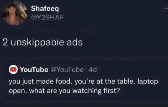A screenshot of a Twitter post by user Shafeeq (@Y2SHAF) showing a YouTube ad. The ad text reads: 'you just made food…