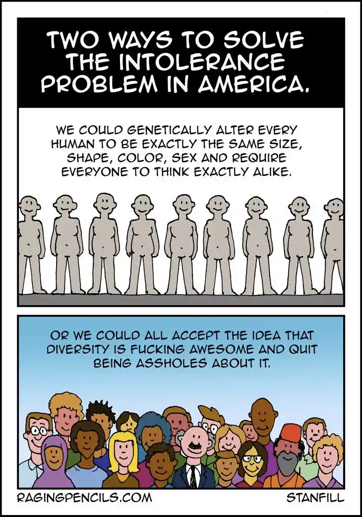 A two-panel comic strip presents two solutions to intolerance: the first panel shows identical gray humanoid figures with…