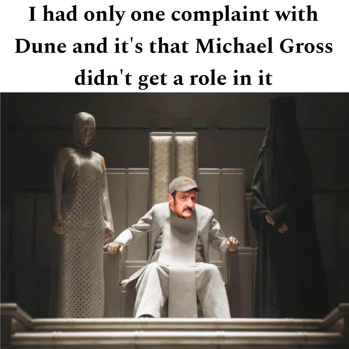 The image shows a scene from the movie Dune, where a man in a grey suit and cap sits on a throne flanked by two figures in…
