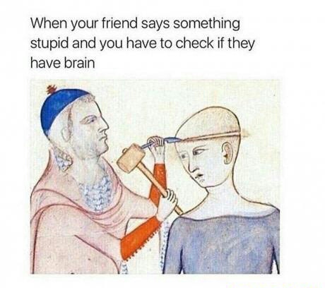 An illustration shows a person in medieval-style clothing using a hammer and chisel to open the skull of another person who…