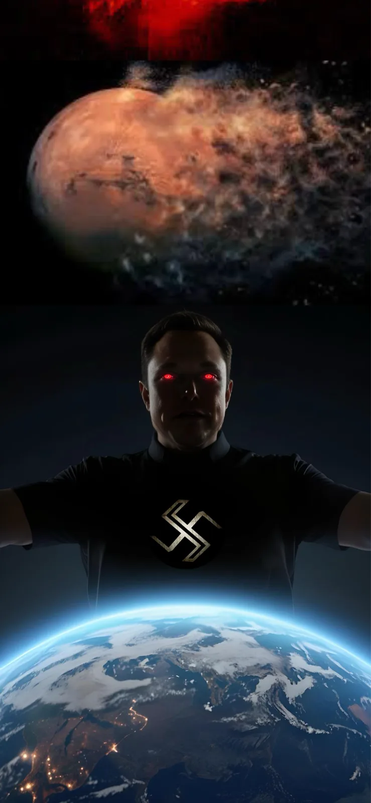 The image is split: the top half shows a reddish planet with a dark, ominous cloud, while the bottom half features a man…
