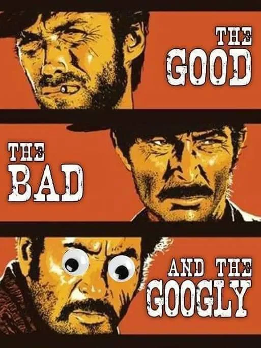 The image is a three-panel poster parody of 'The Good, the Bad and the Ugly,' featuring the same three characters. The top…