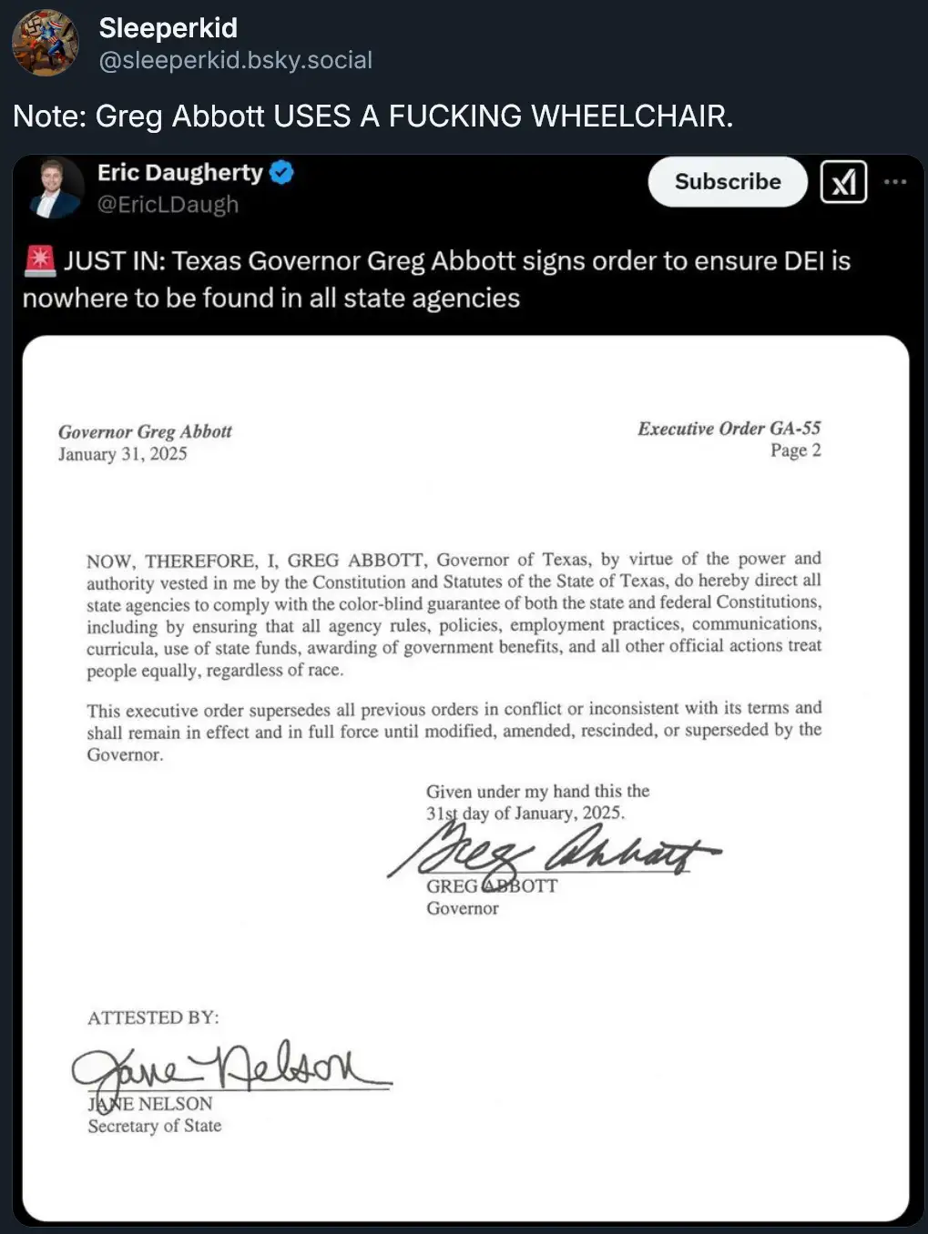 An image of a fake executive order signed by Greg Abbott dated January 31, 2025, titled 'Executive Order GA-55', which…