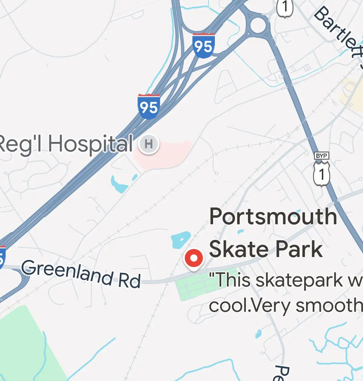 A map screenshot showing Portsmouth Skate Park with a red pin, surrounded by roads like Greenland Rd and highways 95 and 1…