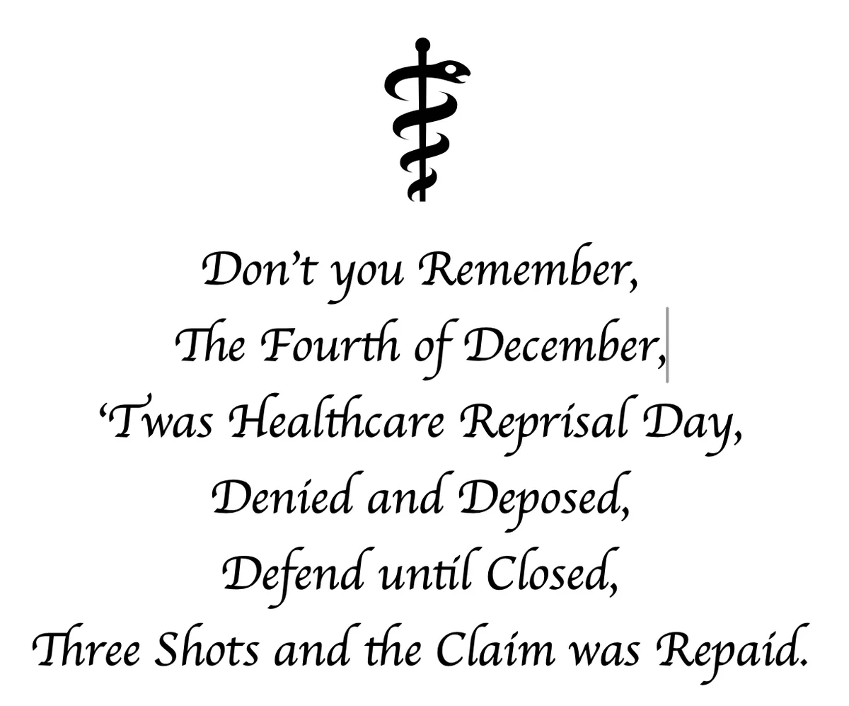A white background image displays a black caduceus symbol at the top, followed by a poem in a gothic-style font. The poem…