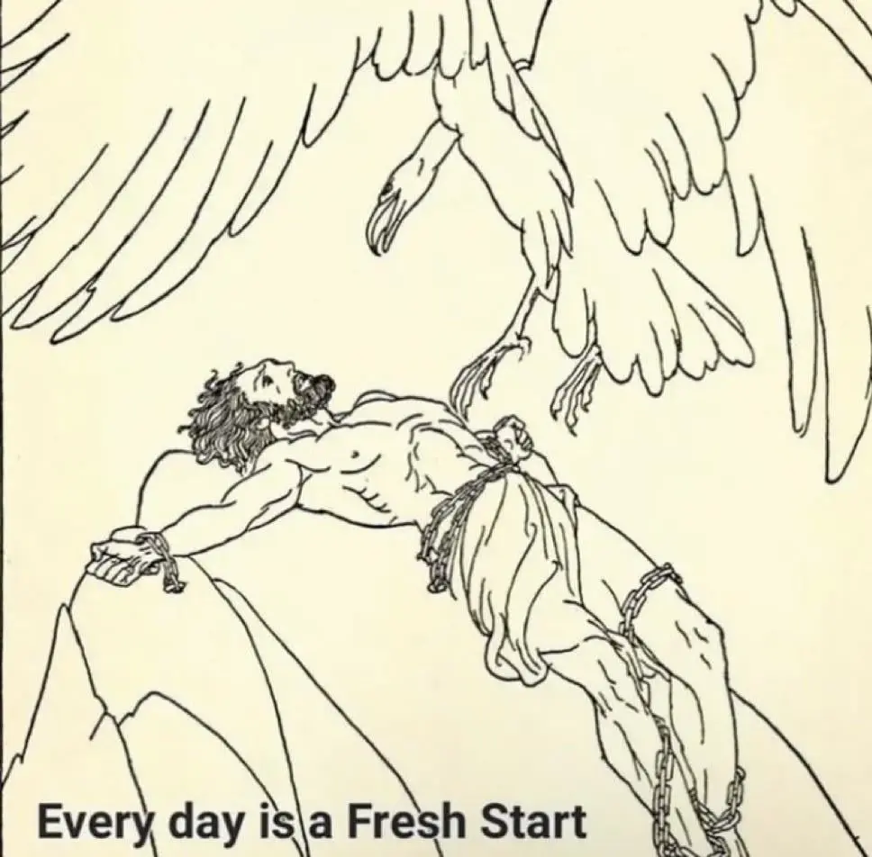 A black-and-white line drawing depicts a muscular, bearded man chained to a cliff face, looking up in terror as a large…