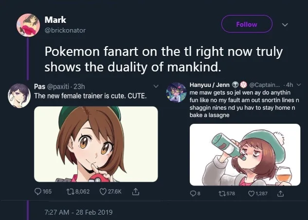 A screenshot of a Twitter thread showing two side-by-side images of the same anime-style female Pokémon trainer. The left…