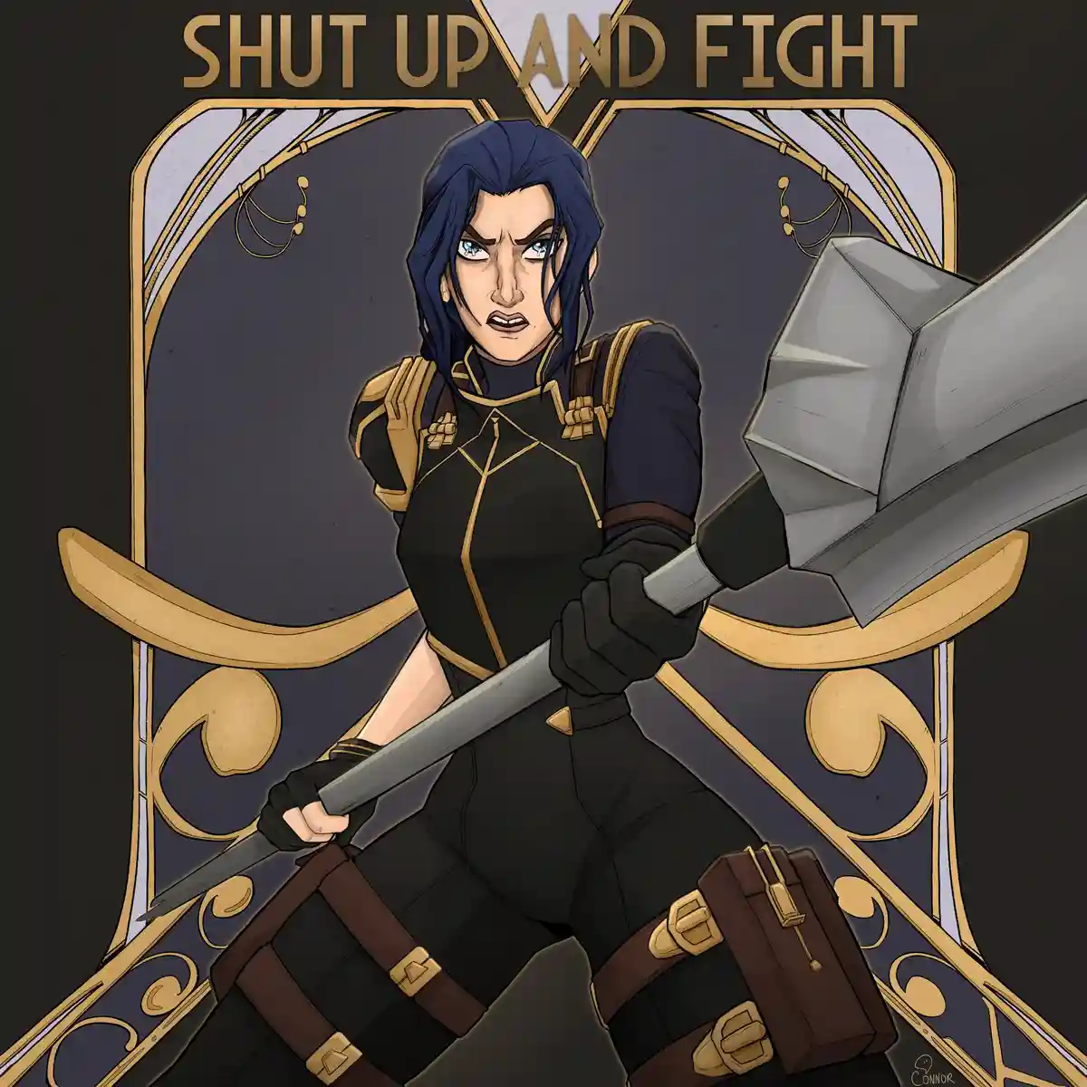 An illustrated character with blue hair and intense eyes, wearing black and gold armor, grips a large sword while standing…
