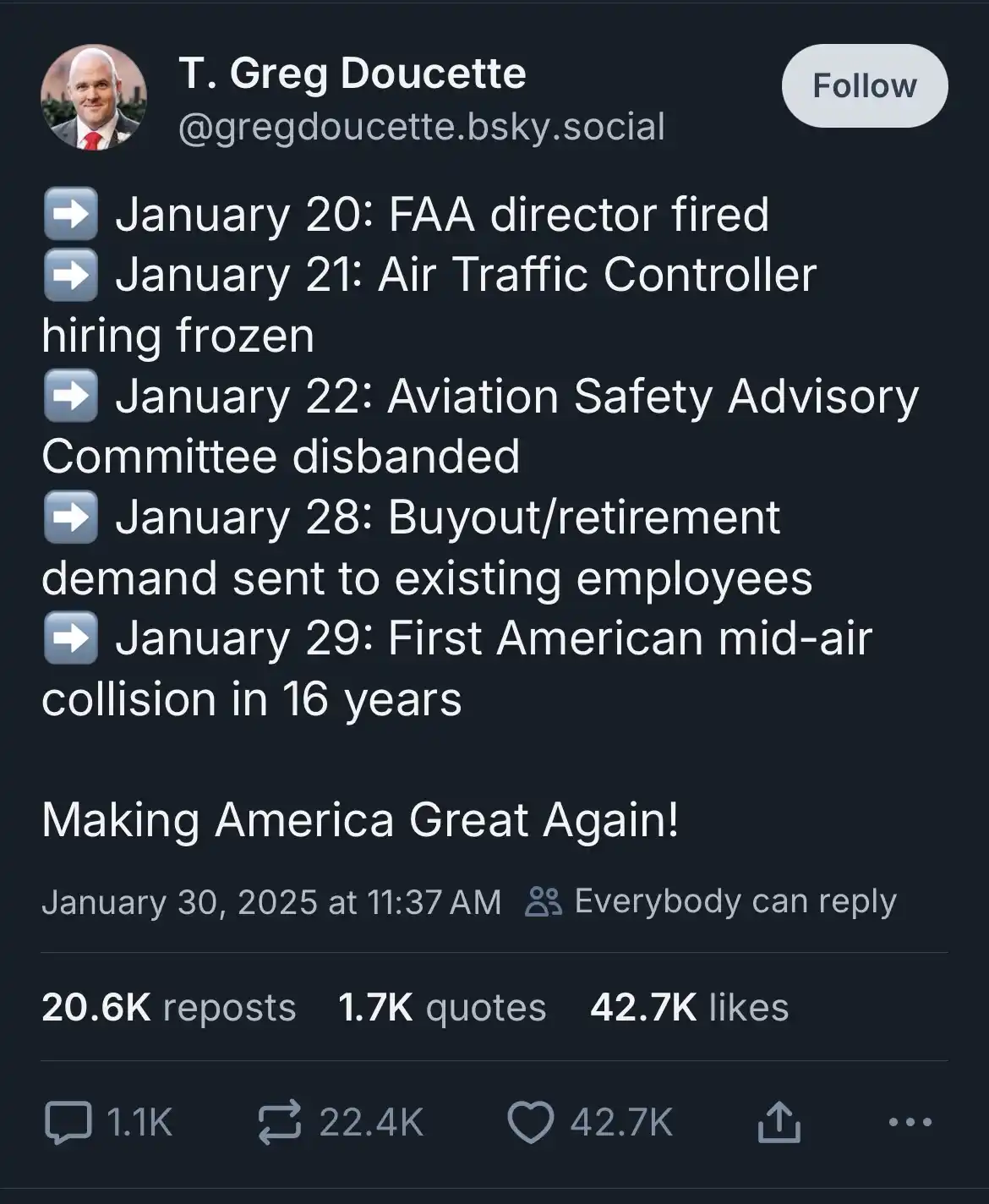 A screenshot of a social media post by T. Greg Doucette listing a series of aviation-related events from January 20 to 29…