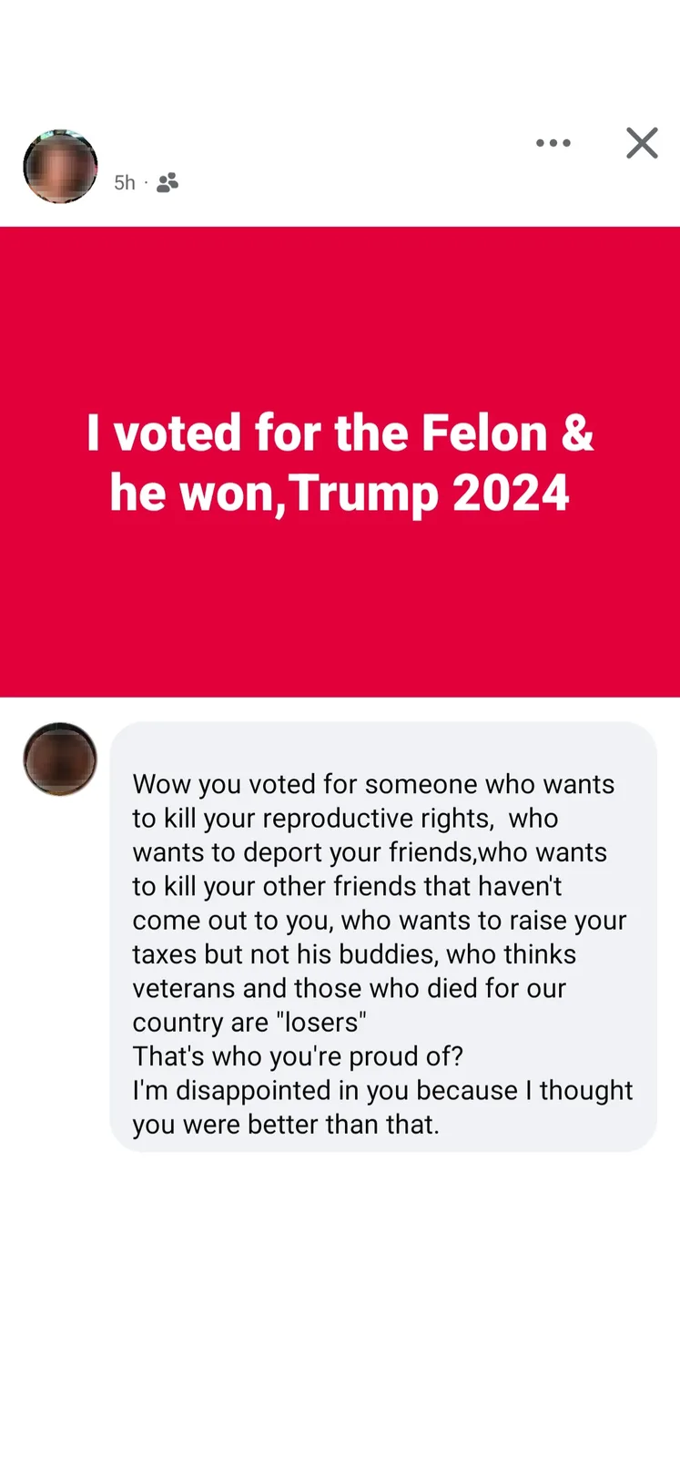 The image shows a social media post with a red banner stating 'I voted for the Felon & he won,Trump 2024'. Below it is a…