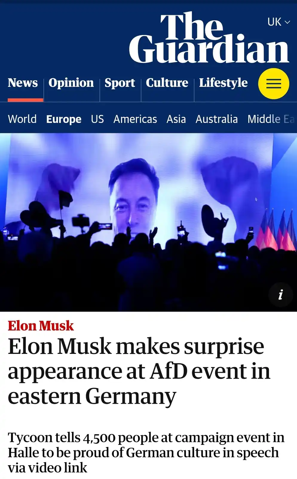 The image shows a screenshot of The Guardian's UK news website featuring a headline about Elon Musk making a surprise…