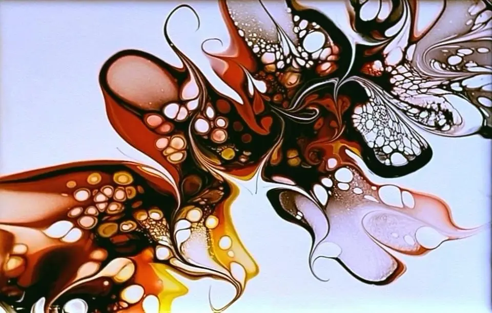the image displays a vibrant abstract artwork featuring swirling patterns of brown, orange, white, and black with…