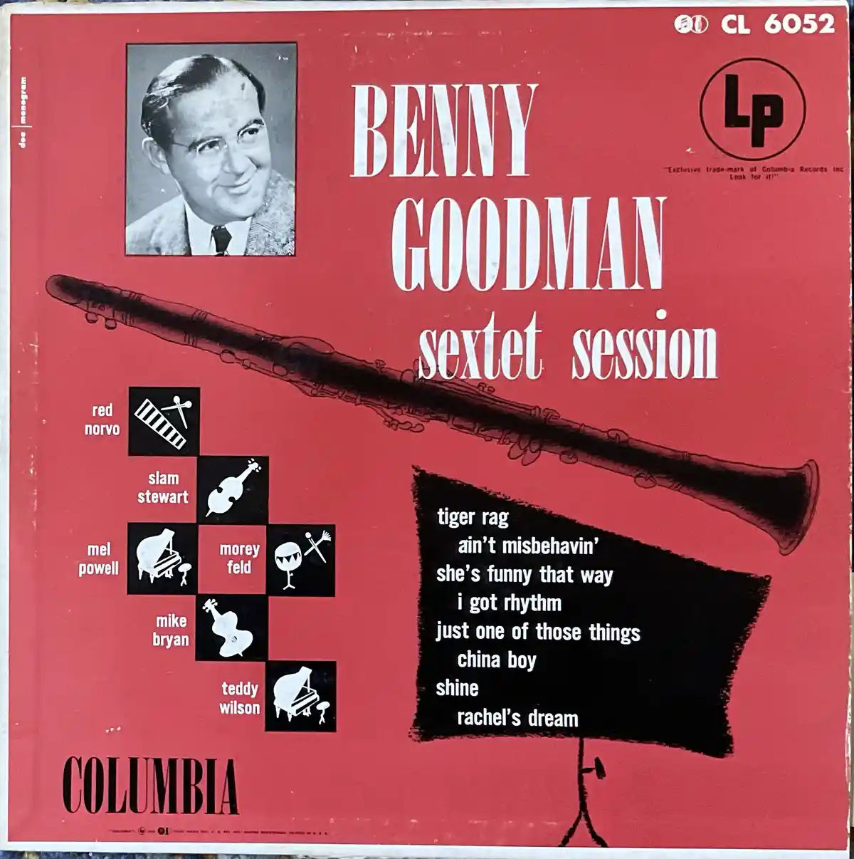 A vintage red album cover for Benny Goodman's 'Sextet Session' on Columbia Records, featuring a black-and-white photo of…