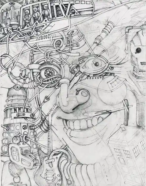 A detailed pencil sketch depicts a large, smiling, robotic face with mechanical eyes, pipes, and gears integrated into its…
