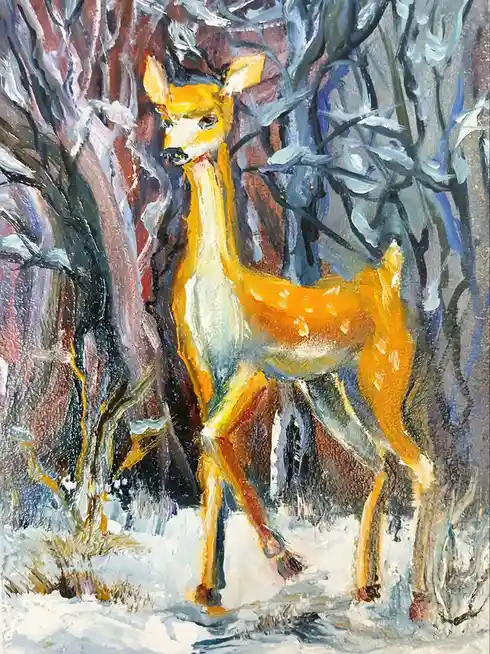 A painting of a deer standing in a snowy forest with bare trees, rendered in thick, textured brushstrokes. The deer is…
