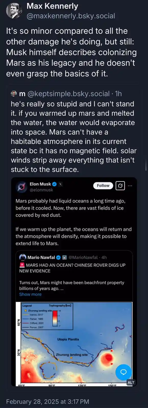A screenshot of a social media thread where a user criticizes Elon Musk's claim that warming Mars to melt ice and create…