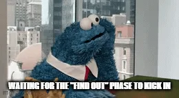 Six identical images show Cookie Monster sitting at a desk in front of a cityscape window, wearing a white shirt and red…