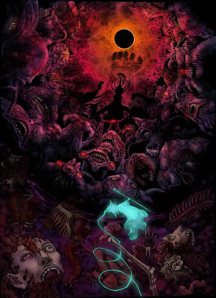 A dark, surreal illustration depicts a glowing cyan humanoid figure surrounded by grotesque, monstrous entities with glowing…