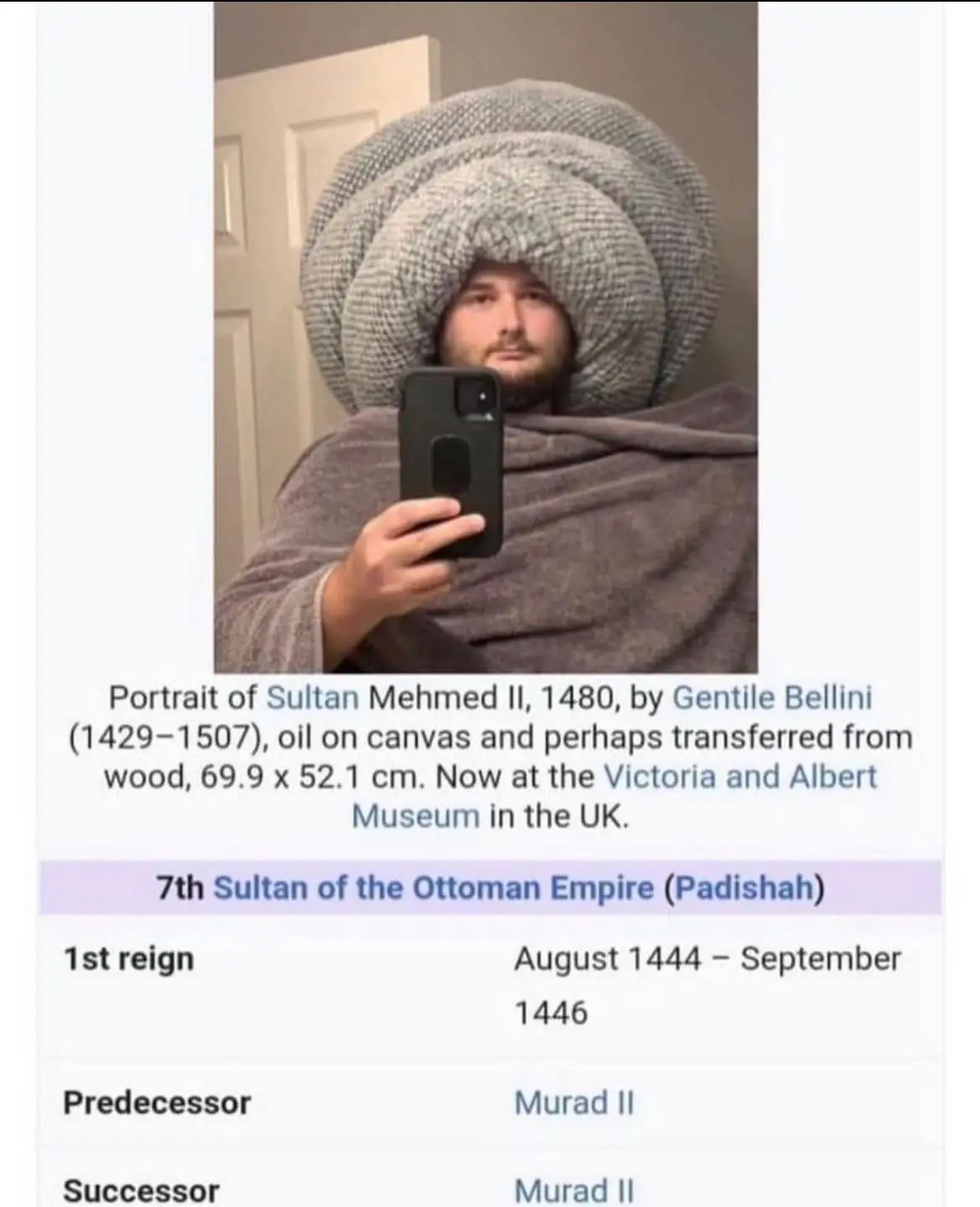 A man with a beard wearing a large, grey, knitted hat and a grey robe takes a selfie in a mirror. The image is overlaid with…