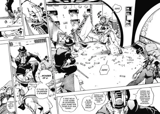 A black-and-white manga panel shows a chaotic scene with characters in a damaged, debris-filled room. One character is…