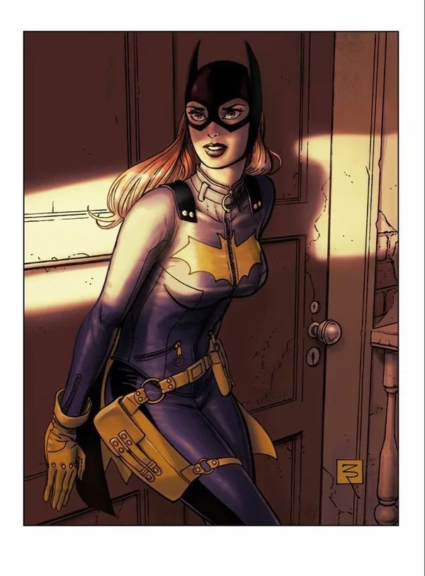 A comic book illustration of Batgirl in her purple and yellow costume, standing in a doorway with sunlight streaming in…