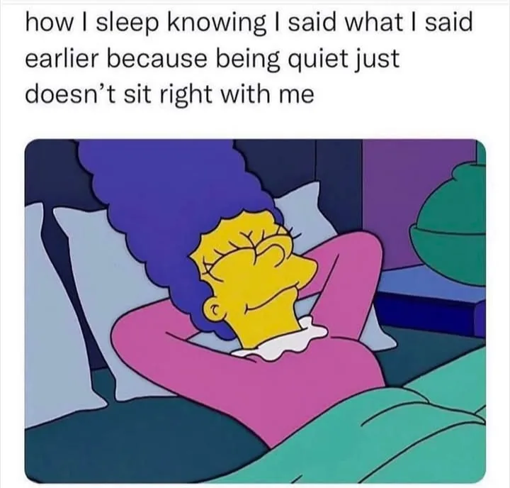 A cartoon woman with purple hair and a pink nightgown is sleeping peacefully in bed with her arms crossed over her chest…