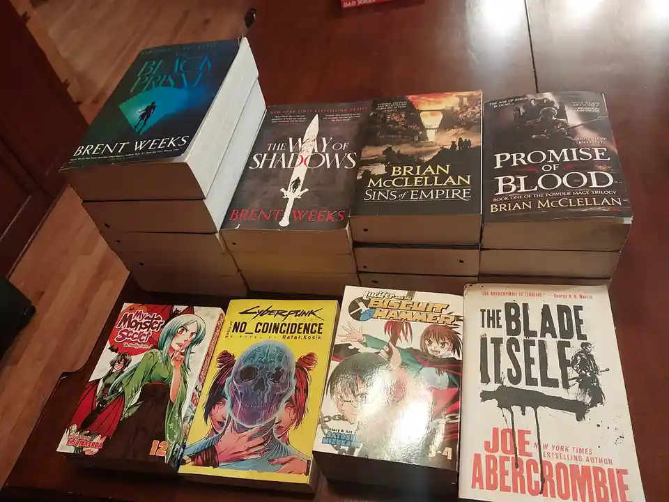A collection of fantasy and sci-fi books by authors like Brent Weeks, Brian McClellan, and Joe Abercrombie are arranged on a…