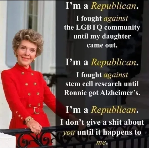 A woman in a red coat stands by a black railing, smiling. Overlaid text repeats 'I'm a Republican.' followed by three…