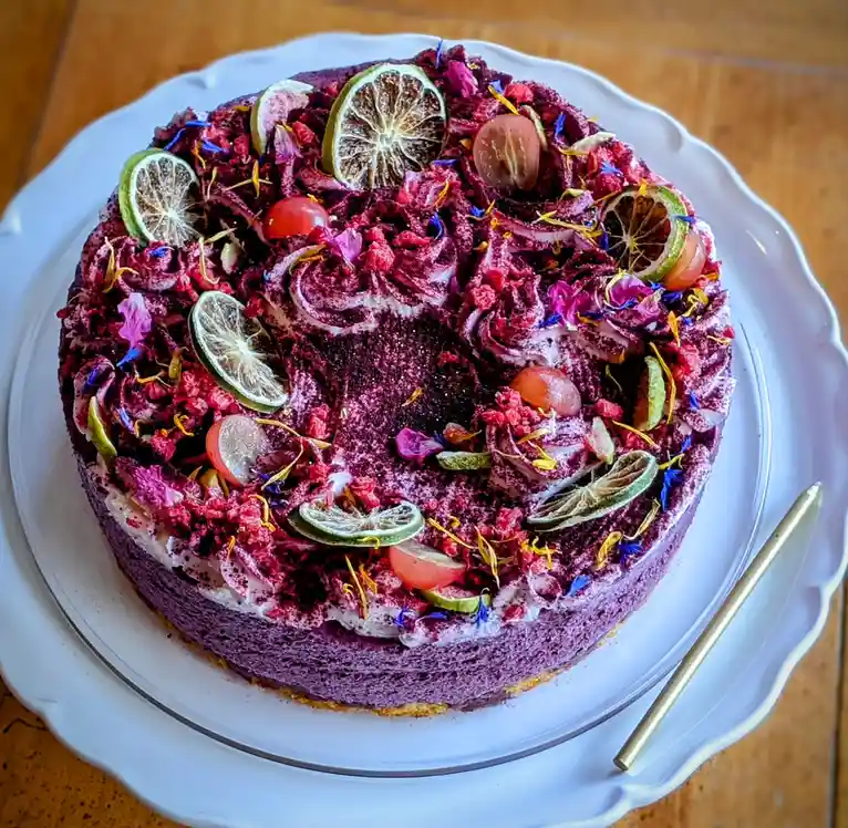 A round, purple-colored cake with white swirls and topped with dried lime slices, red grapes, and colorful edible flowers…