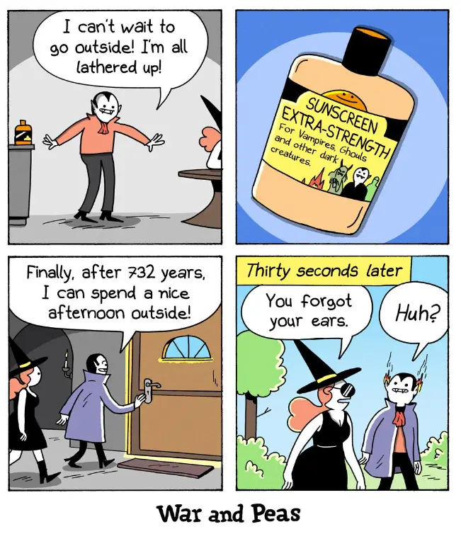 A four-panel comic strip from 'War and Peas' shows a vampire excitedly applying 'Sunscreen Extra-Strength For Vampires…