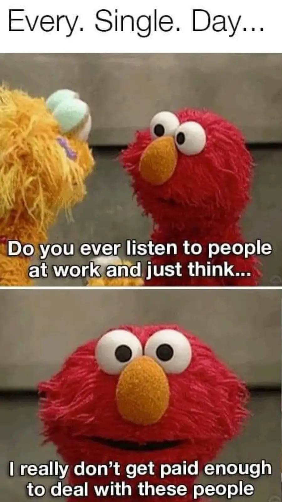 The image is a two-panel meme featuring the red Muppet character Elmo. In the top panel, Elmo looks at another Muppet (Abby…