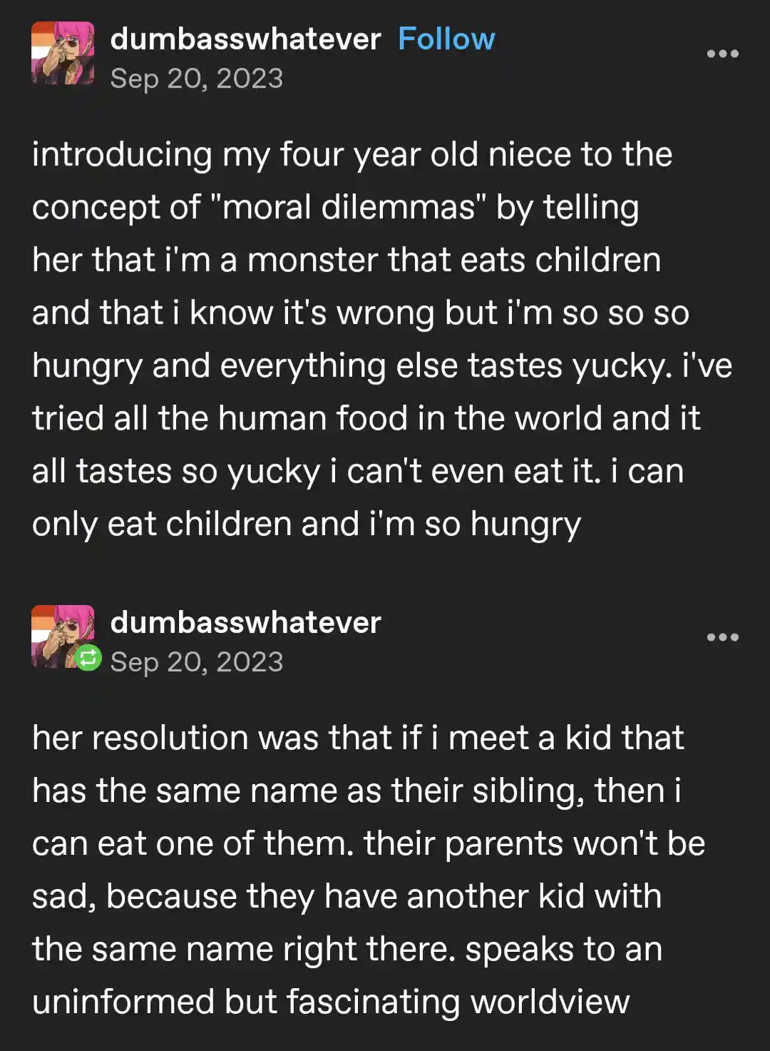 The image displays a social media post with two text sections. The first describes a person introducing a four-year-old…