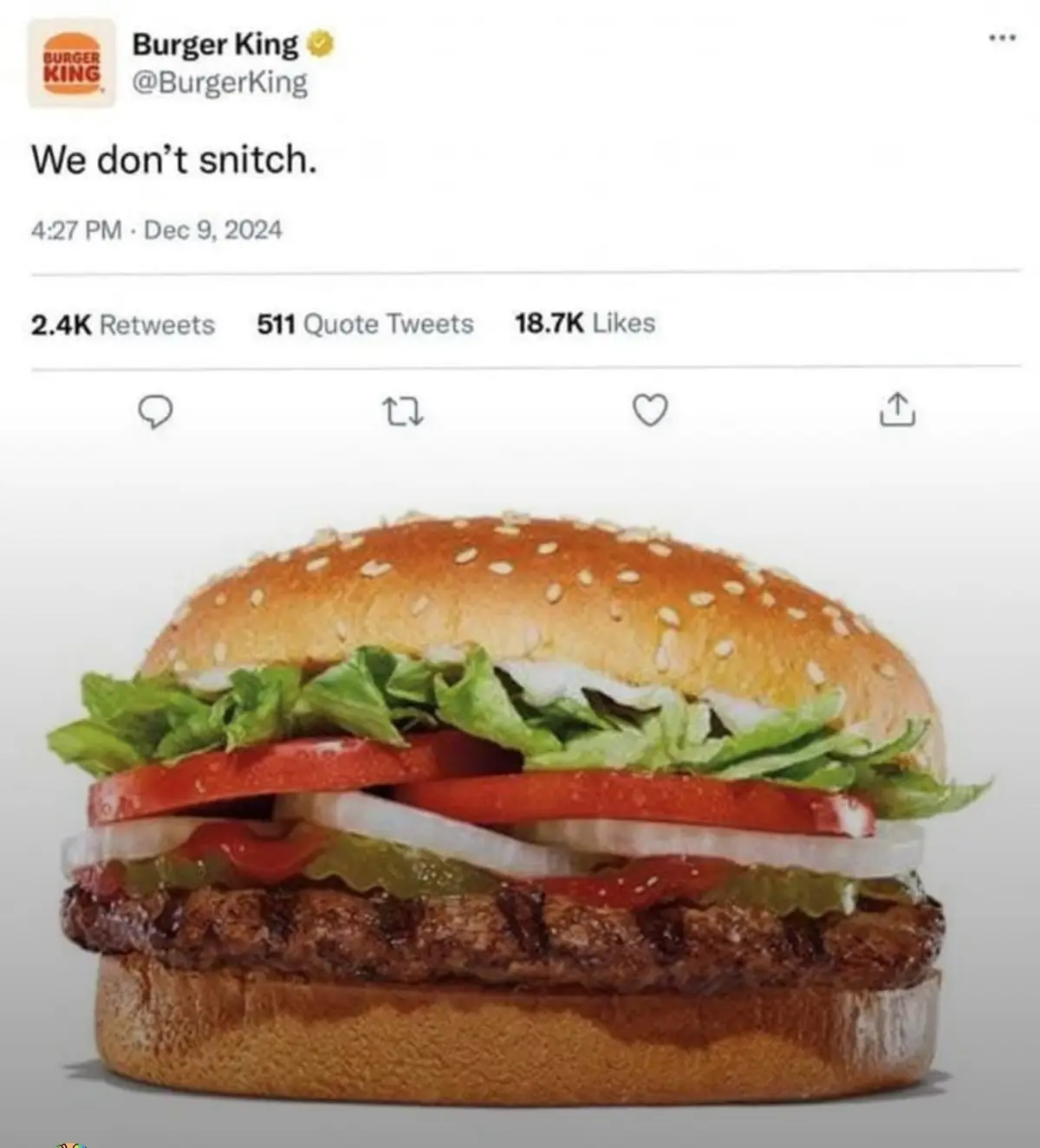 A screenshot of a Burger King Twitter post from December 9, 2024, showing a close-up image of a sesame seed bun burger with…