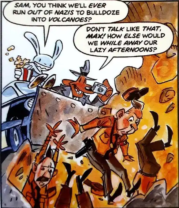 A comic panel shows two anthropomorphic characters, one rabbit and one fox, in a vehicle with a bulldozer pushing Nazis into…