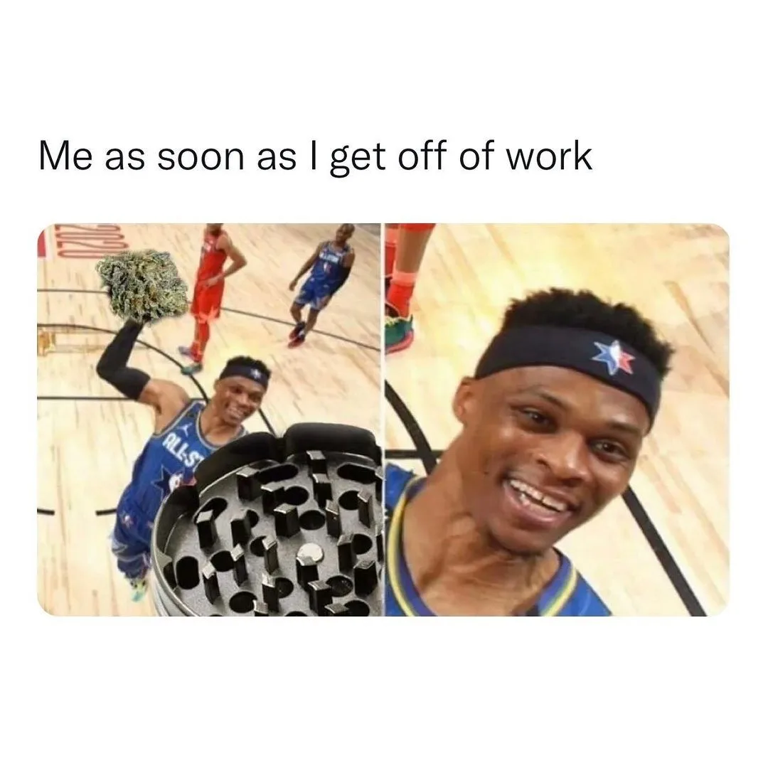 A split image shows basketball player Russell Westbrook in an All-Star jersey. On the left, he holds a large cannabis bud…