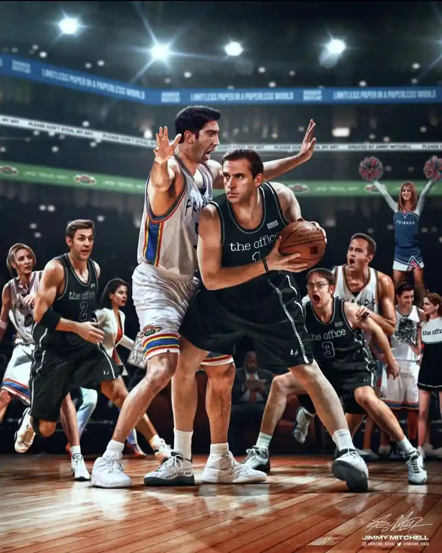 A digitally altered basketball scene features characters from 'The Office' and 'Friends' in a game, with Jim Halpert (The…