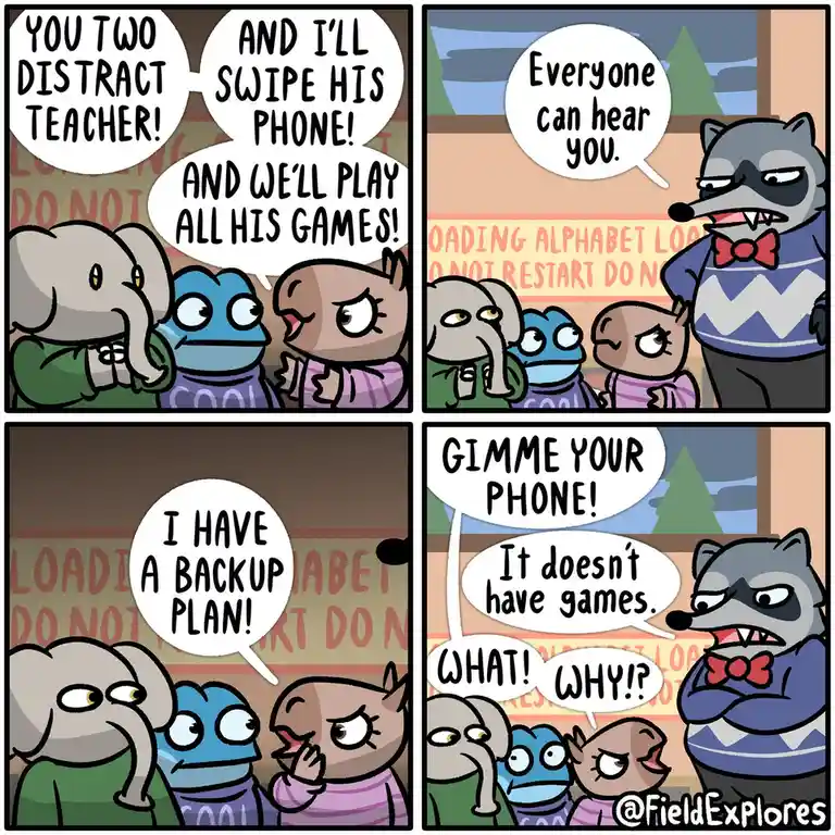 A four-panel comic shows three animal students plotting to steal a teacher's phone to play his games. The teacher, a…