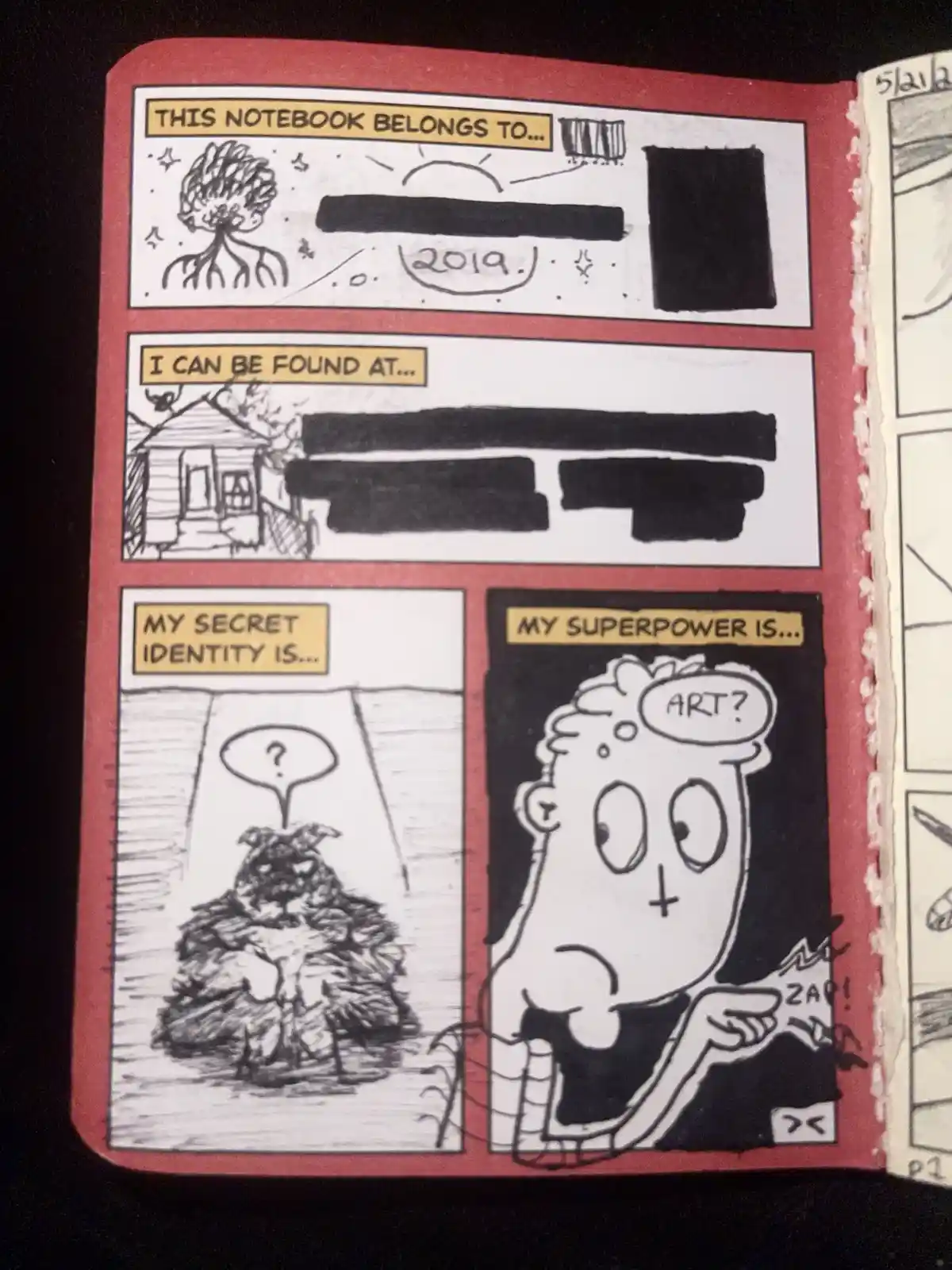A hand-drawn comic strip on a notebook page mimicking a superhero profile, with fields for owner, location, secret identity…