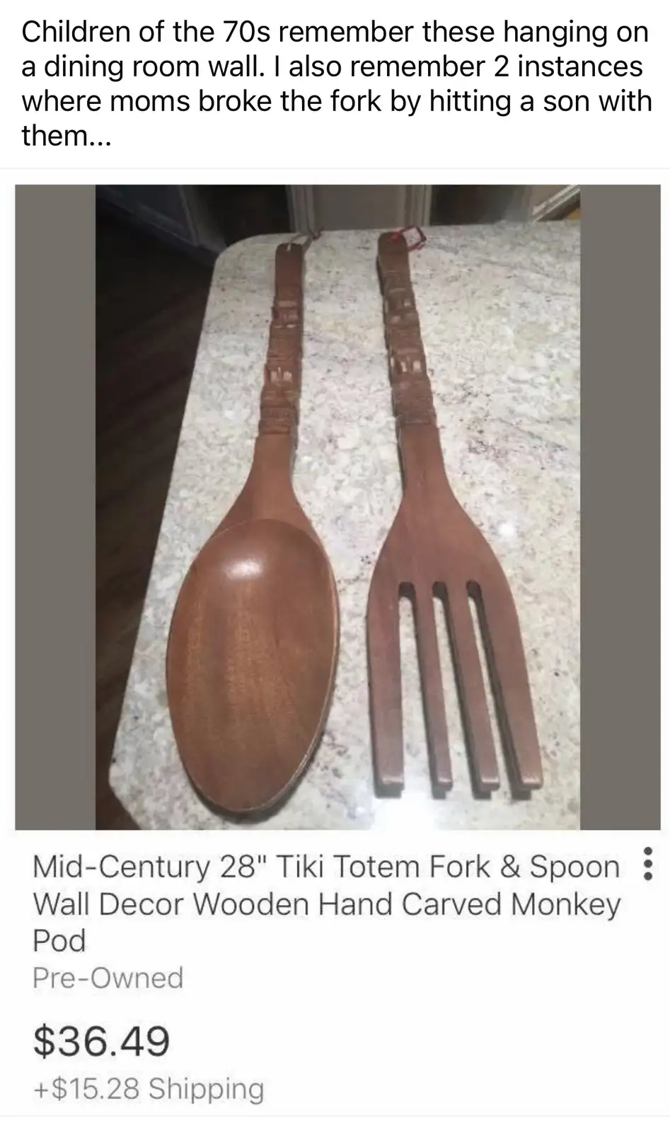 The image shows a product listing for a large wooden spoon and fork, described as 'Mid-Century 28" Tiki Totem Fork & Spoon…
